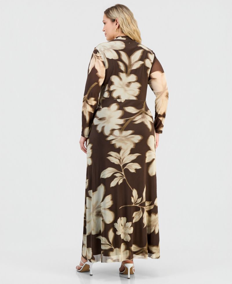 Plus Size Printed Twist-Front Long-Sleeve Mesh Maxi Dress