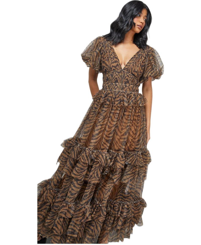Women's Zebra Print Tulle Ruffle Maxi Dress