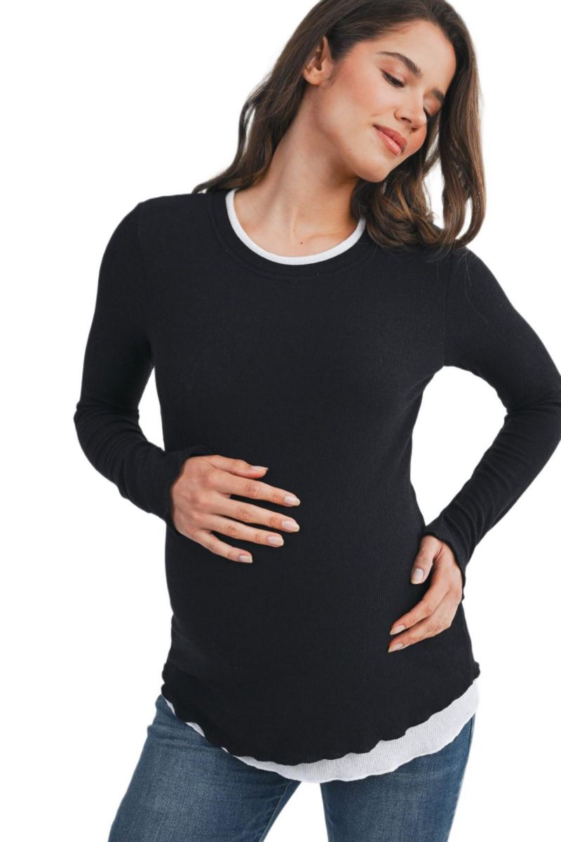 Maternity Ribbed Layer Contrast Long Sleeve Top