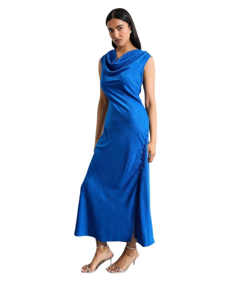 Women's Cowl Bias Satin Button Detail Dress