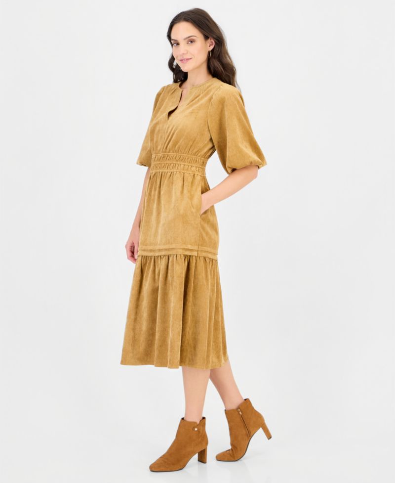 Women's Corduroy Smocked-Waist Tiered Dress