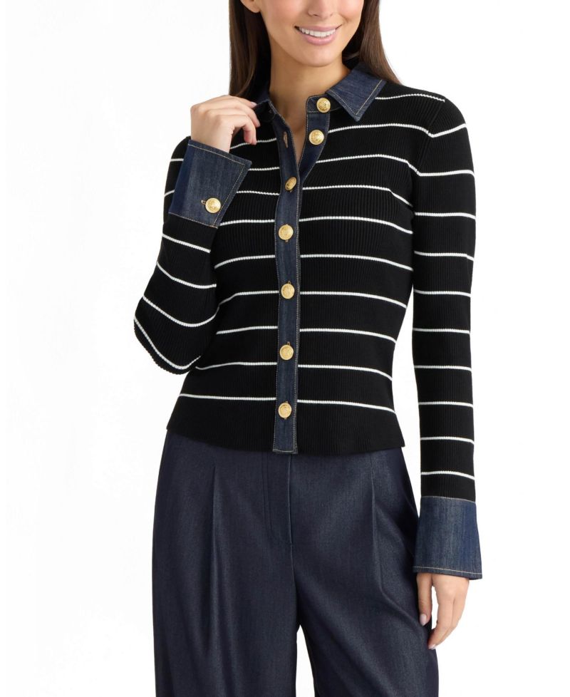 Women's Collared Button-Front Denim Trim Cardigan