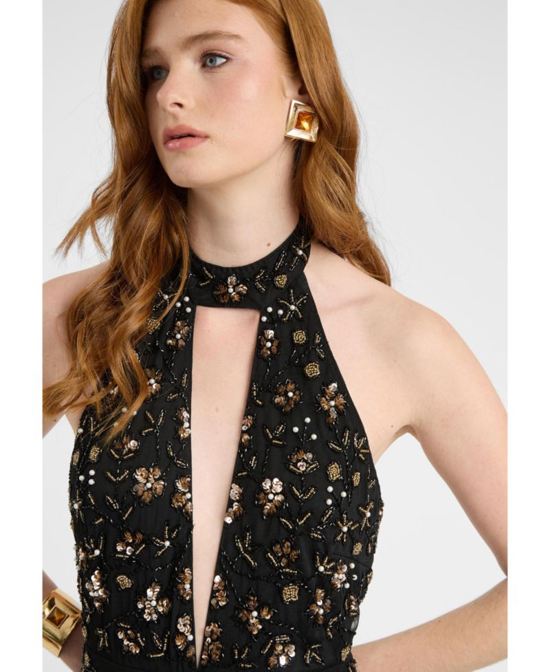 Women's Embellished Sequin Beaded Maxi Dress With Choker-Style Collar