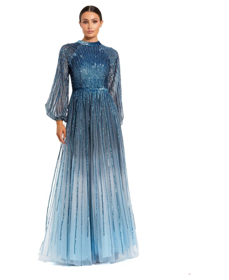 Women's Ombre Beaded Bishop Sleeve A-Line Gown