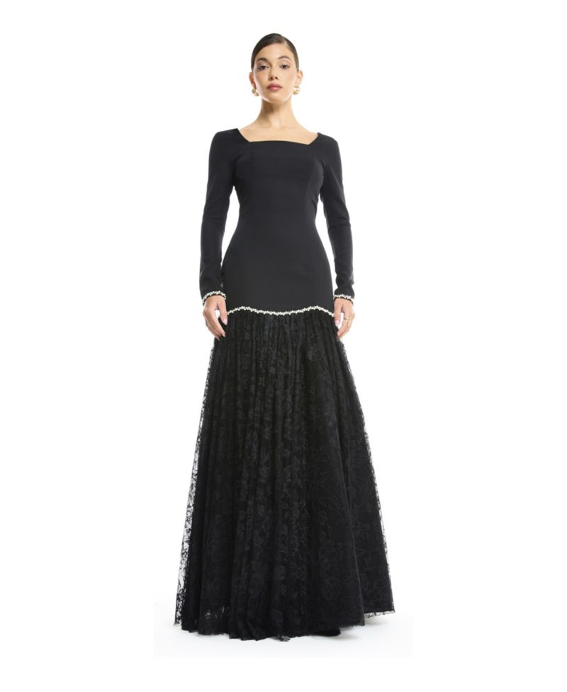 Women's Long Sleeve Square Neck Drop Waist Evening Dress