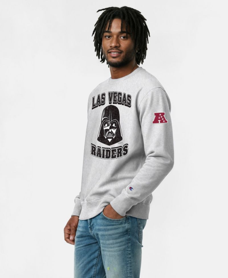 Men's Silver Las Vegas Raiders Disney X Champion Reverse Weave Fleece Crewneck Sweatshirt