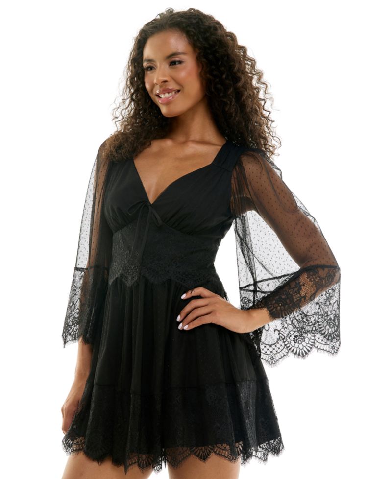 Juniors' Pin Dot Mesh Lace Babydoll Mini Dress