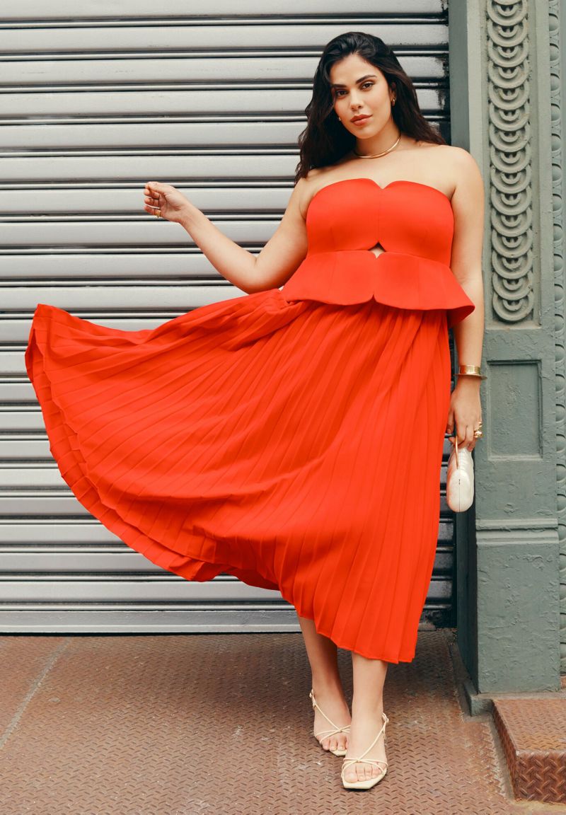 Women's Strapless Pleated Midi Dress