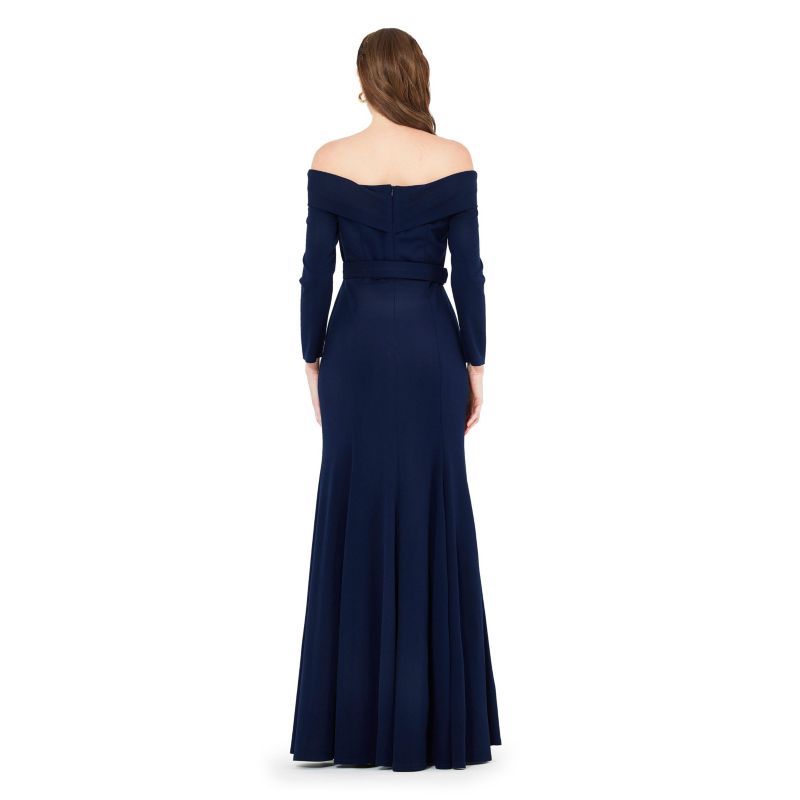 Off-The-Shoulder Long Sleeved Crepe Gown