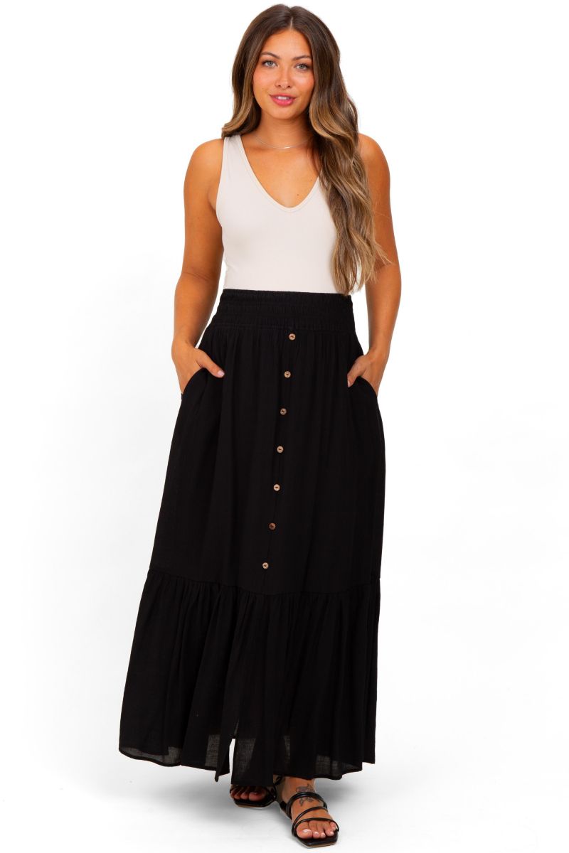 Women's Black Smocked Waist Button Accent Maxi Skirt