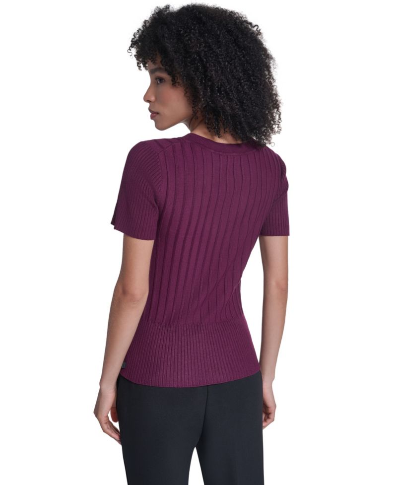 Petite Short-Sleeve Crewneck Ribbed Sweater