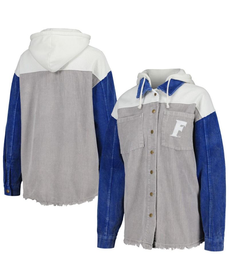 Women's Gray Distressed Florida Gators Vintage-Like Wash Corduroy Full-Snap Hooded Shacket