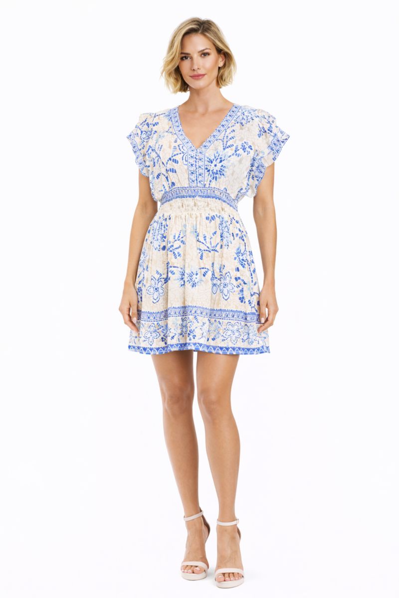 Women's Club Moda Blue Floral V-Neck Mini Dress - Smocked Waist Resort Wear Summer Vacation Dress