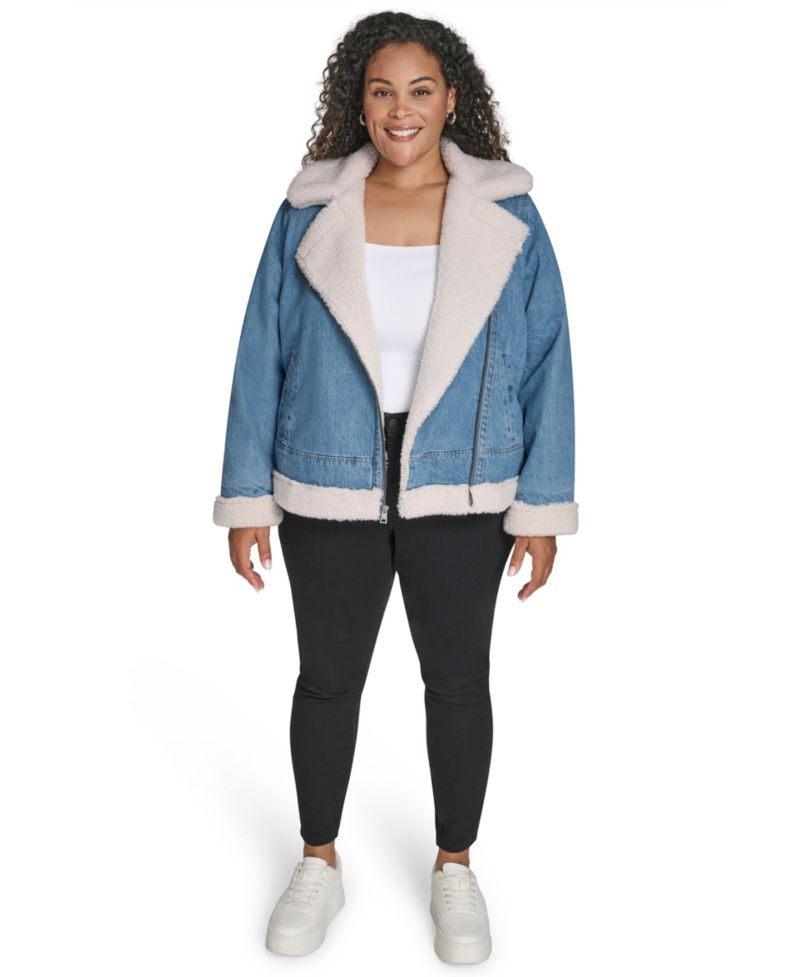 Plus Size Denim Laydown Collar Moto Jacket