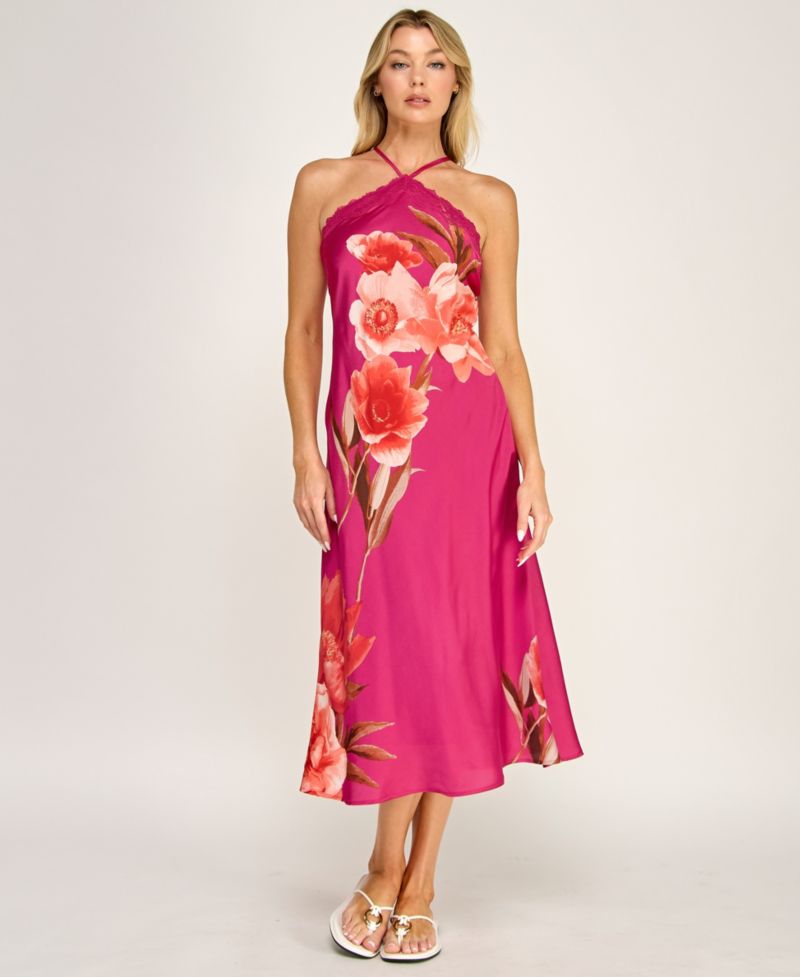 Women's Printed Halter Neck Scallop Trim Midi Dress