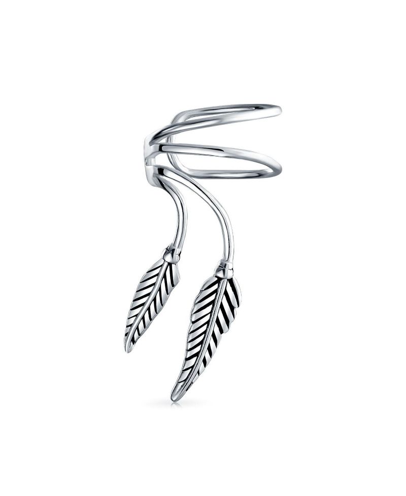 Double Feather Leaf Cartilage Ear Cuffs Earrings Oxidized Sterling Silver