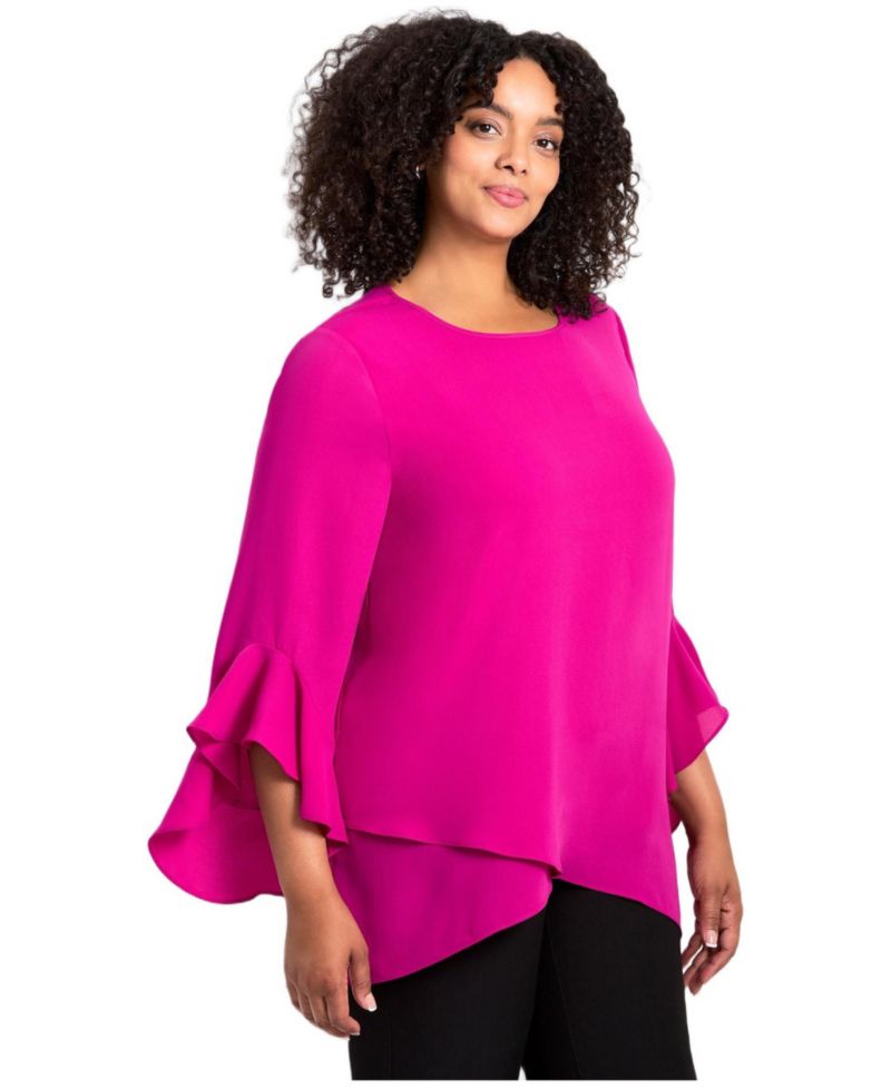 Plus Size Ruffle Sleeve Tulip Hem Women's Blouse