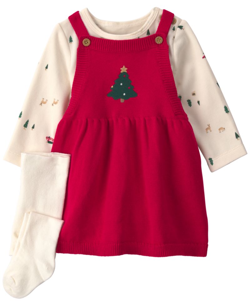Baby Girls' Christmas Tree Crewneck T-Shirt, Dress and Tights, 3-Piece Set
