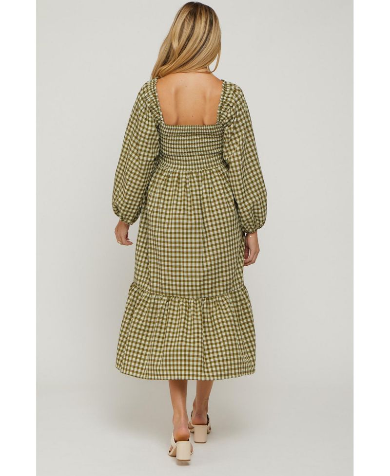 Women's Olive Gingham Long Sleeve Midi Dress