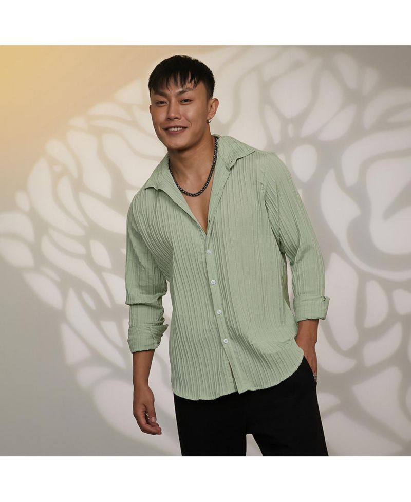 Men's Sage Green Self-Design Striped Shirt