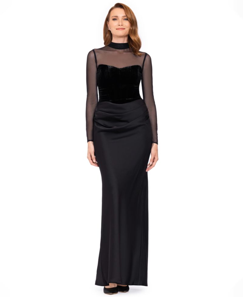 Women's Short Scuba Crepe With Drape Back Velvet Long-Sleeve Mesh Gown