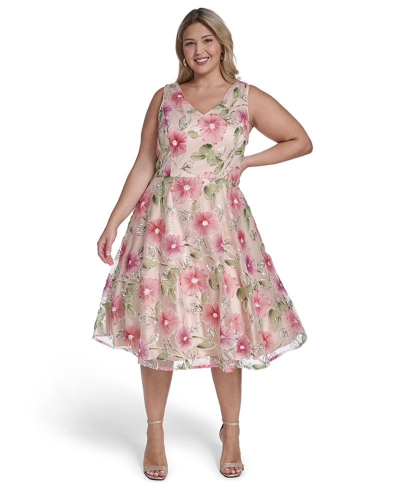 Plus Size Polyester-Blend V-Neck Sleeveless Midi Dress