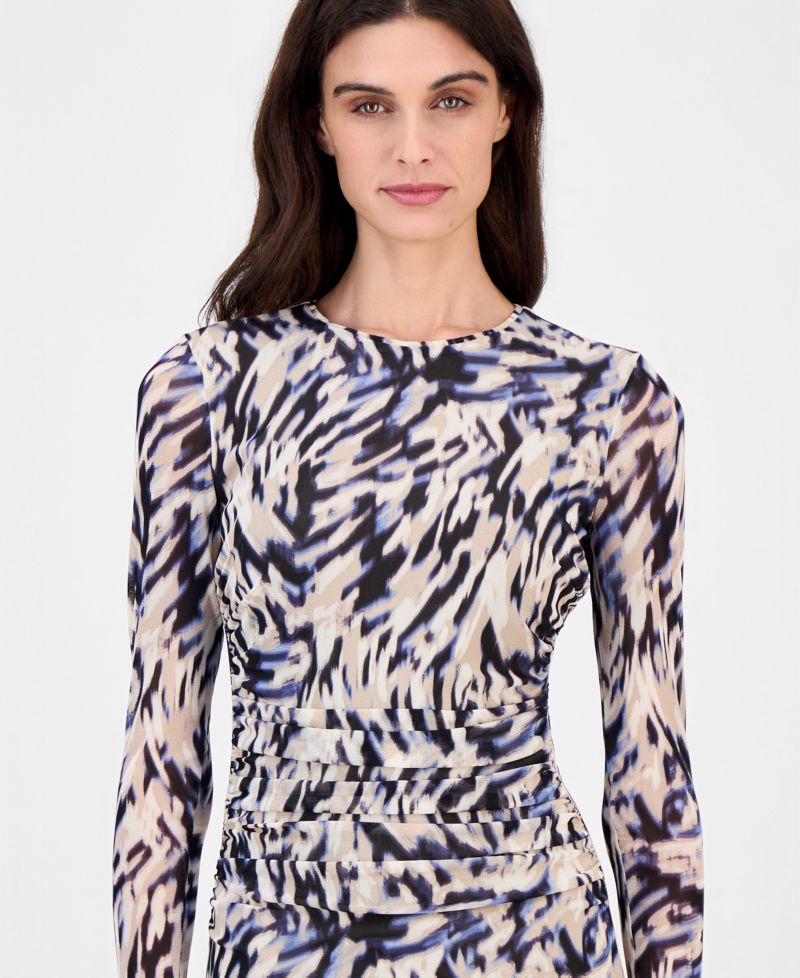 Women's Printed Shirred-Waist Long-Sleeve Midi Dress