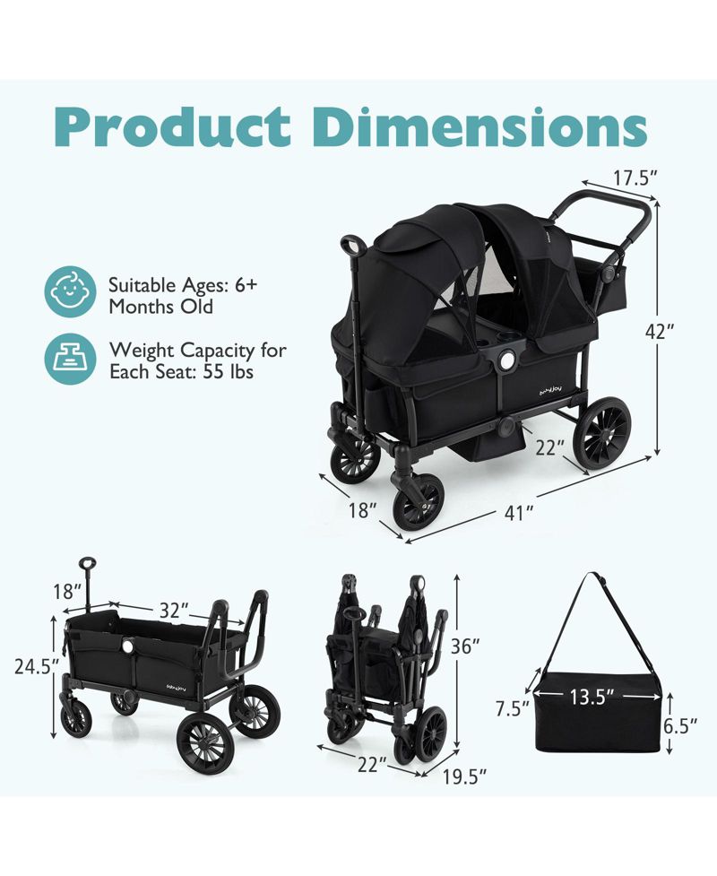 Wagon Stroller for 2 Kids Push Pull Double Stroller w/ Adjustable Handle