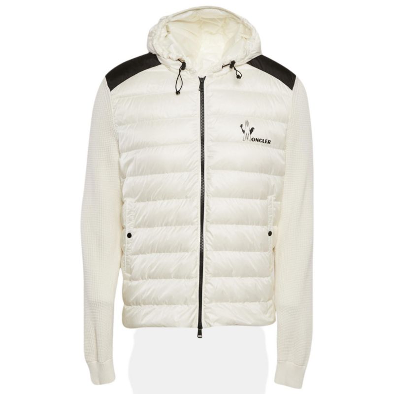 Men's White Logo Print Cotton Knit And Quilted Nylon Down Jacket