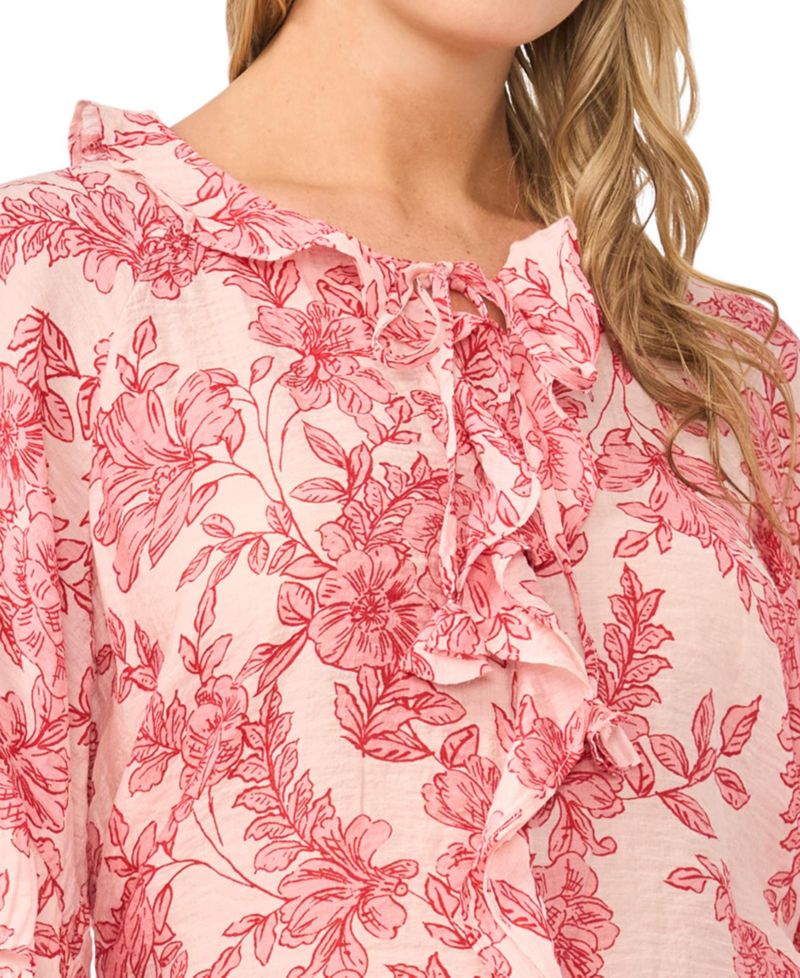 Women's Printed Crewneck Ruffle Front Top