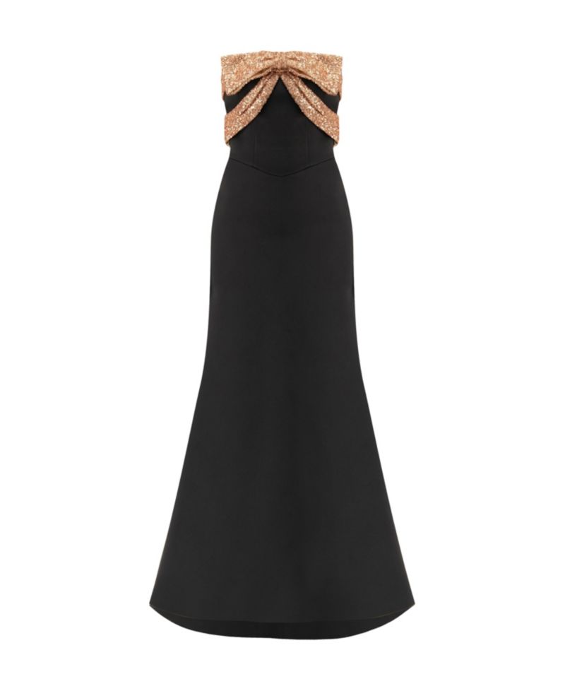 Women's Long Strapless Dress with Sequin Bow