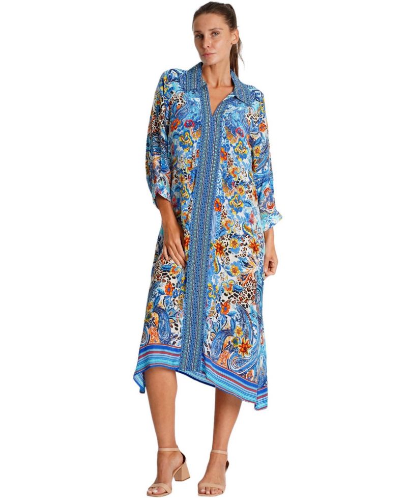 Women's Midi Summer Dress with Collared Neck, Short Sleeves, and Side Slits