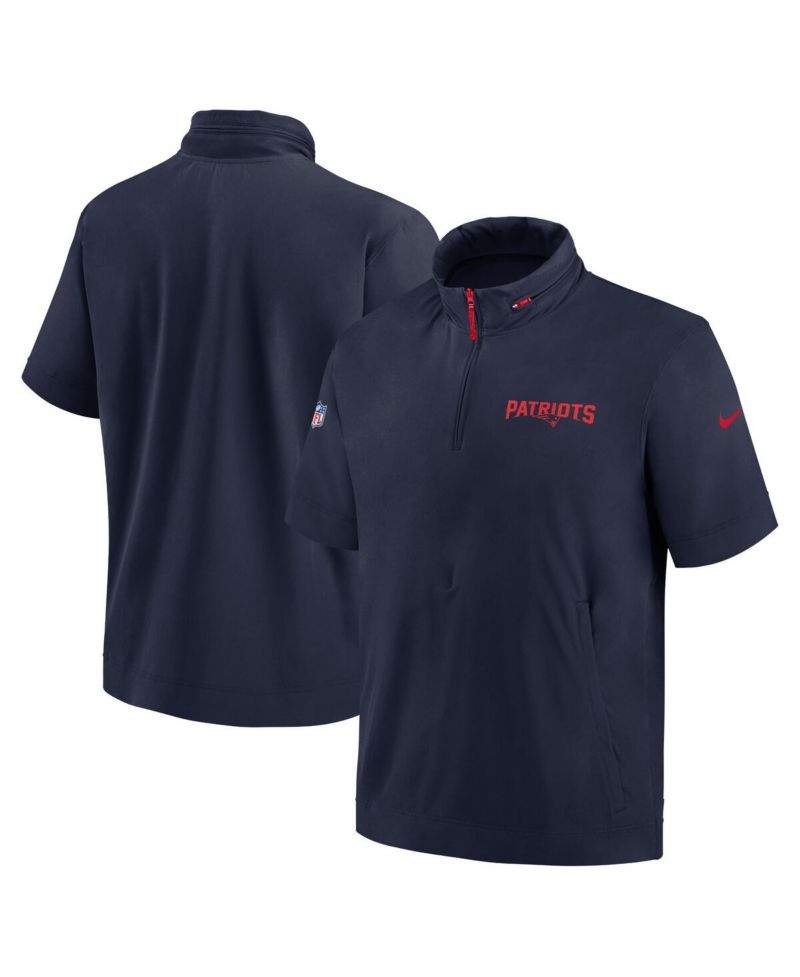 Men's Navy New England Patriots 2024 Sideline Coach Short Sleeve Half-Zip Hoodie Jacket