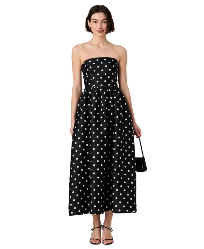 Women's Structured Taffeta Strapless Polka Dot Midi Dress