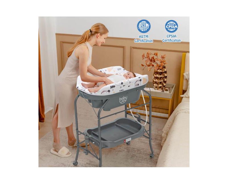Portable Baby Changing Table with Storage Basket and Shelves