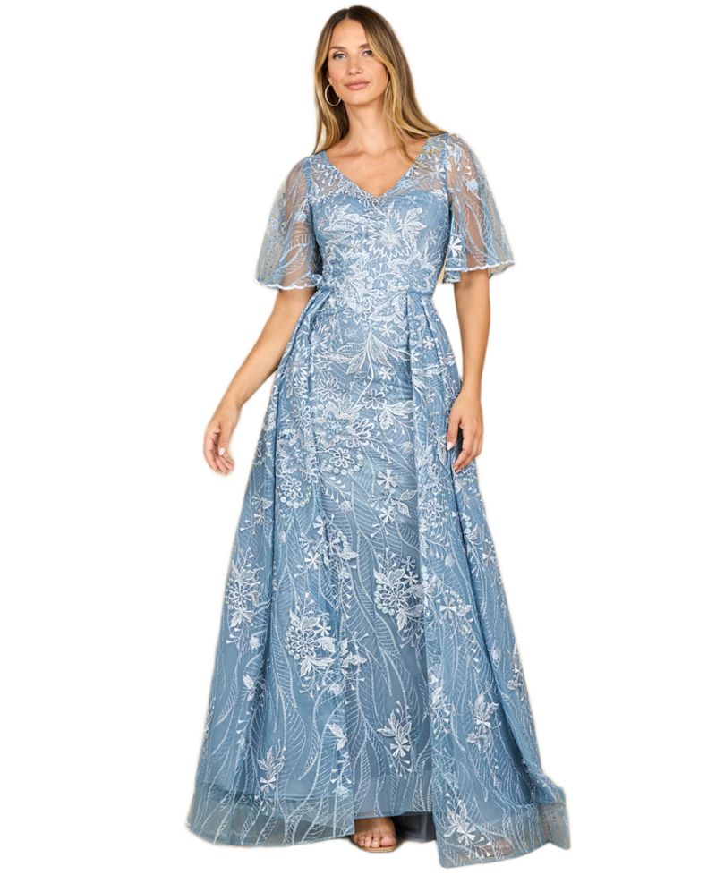 Women's Overskirt Lace Fitted V-Neck Gown with Cape Sleeves