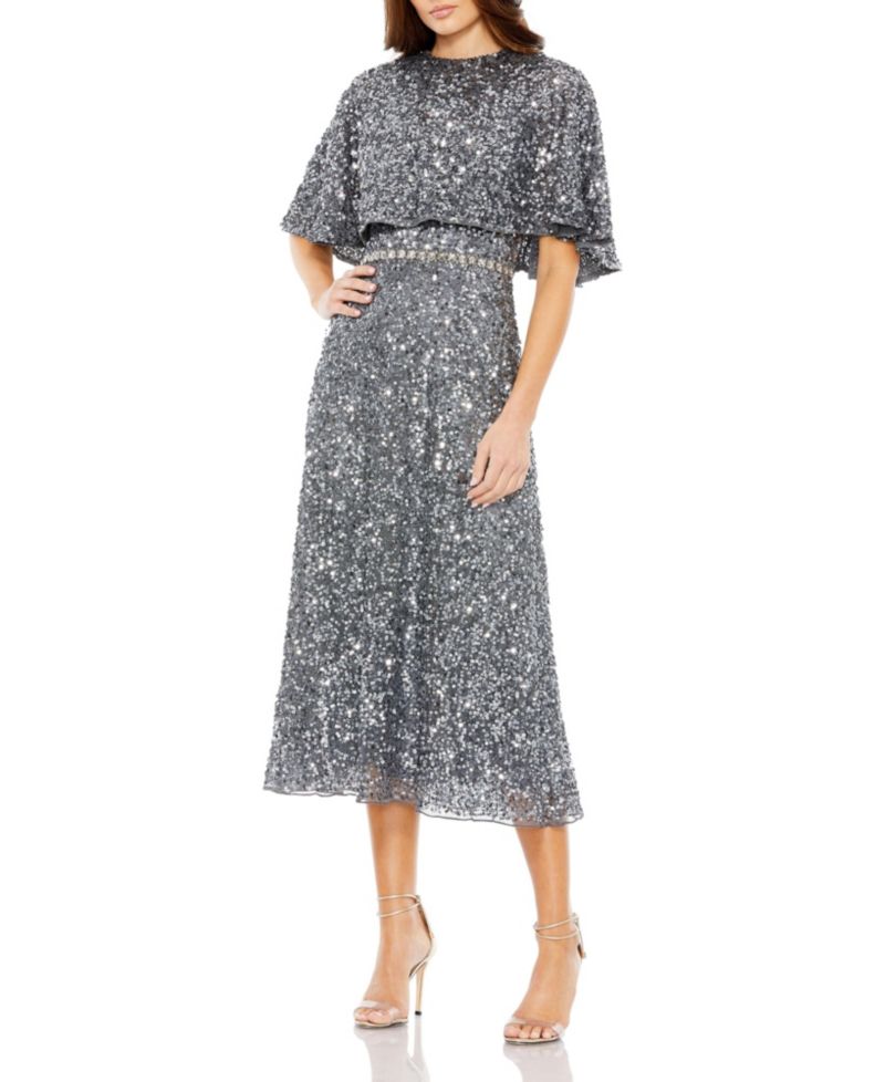 Women's Embellished Cape High Neck Midi Dress