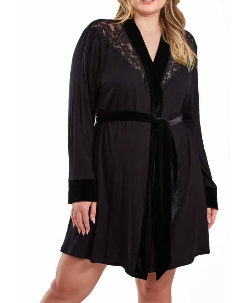 Layna Plus Size Velore and Velvet Lace Trimmed Self Tie Robe