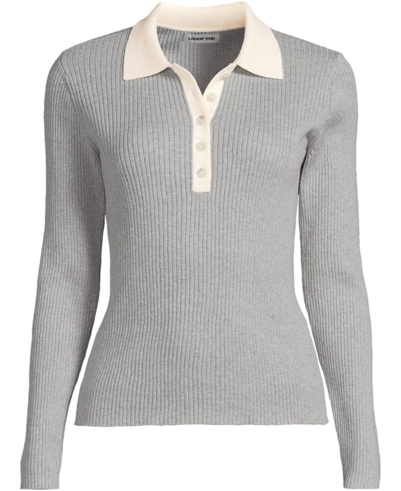 Plus Size Cotton Ribbed Long Sleeve Polo Sweater