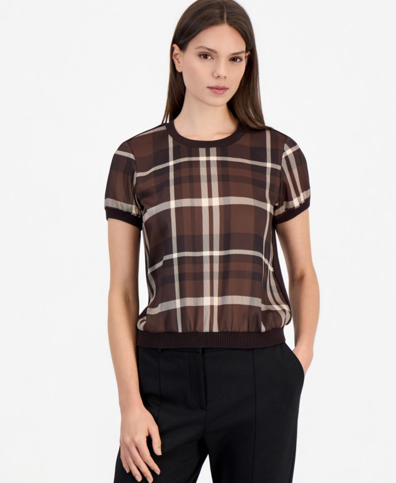 Women's Crewneck Short-Sleeve Plaid-Print Sweater