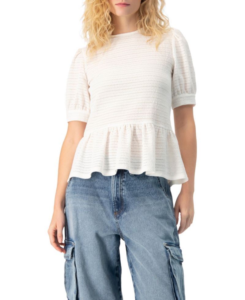 Women's Tonal Stripe Textured See-Through Peplum Short-Sleeve Blouse