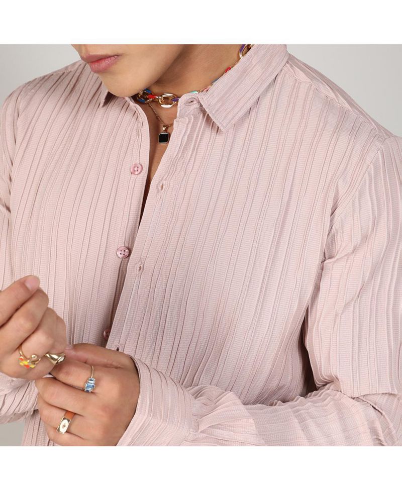 Men's Blush Pink Self-Design Striped Shirt