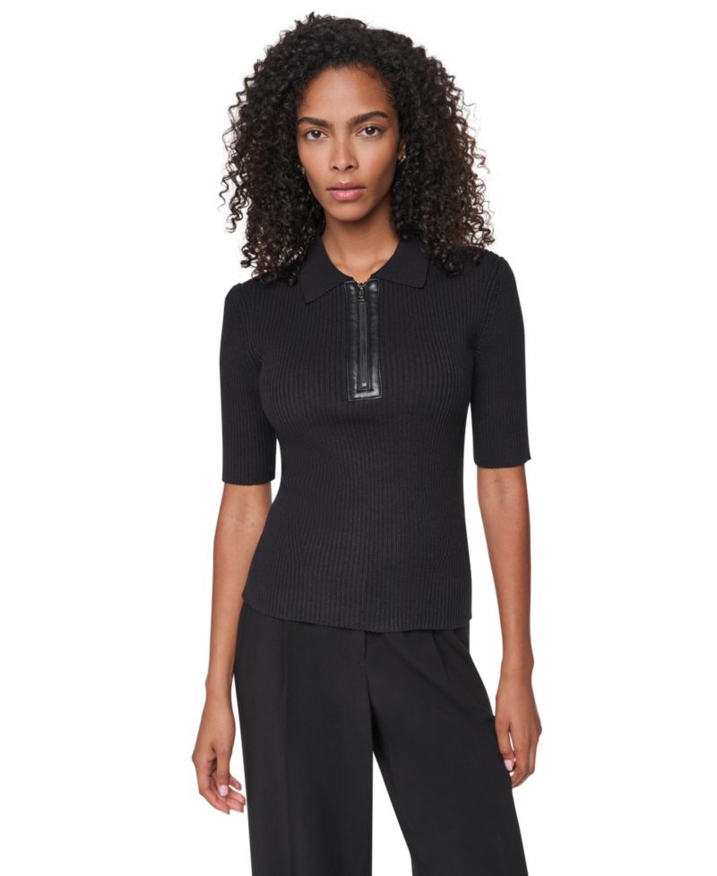 Women's Polo Short-Sleeve Ribbed-Knit Zip-Front Top