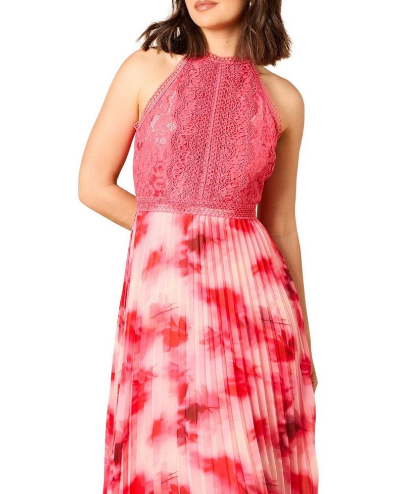 Women's Printed Lace Mix Halterneck Midi Dress