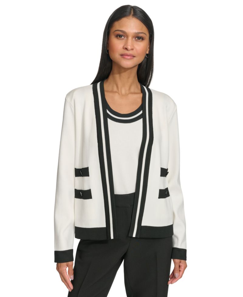 Petite Open-Front Long-Sleeve Knit Cardigan with Contrast Trim
