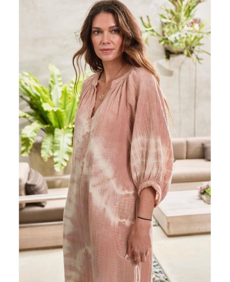 Women's Ocean+main Tie Dye V-Neck Cotton Gauze 3/4 Sleeve Dress with Pockets