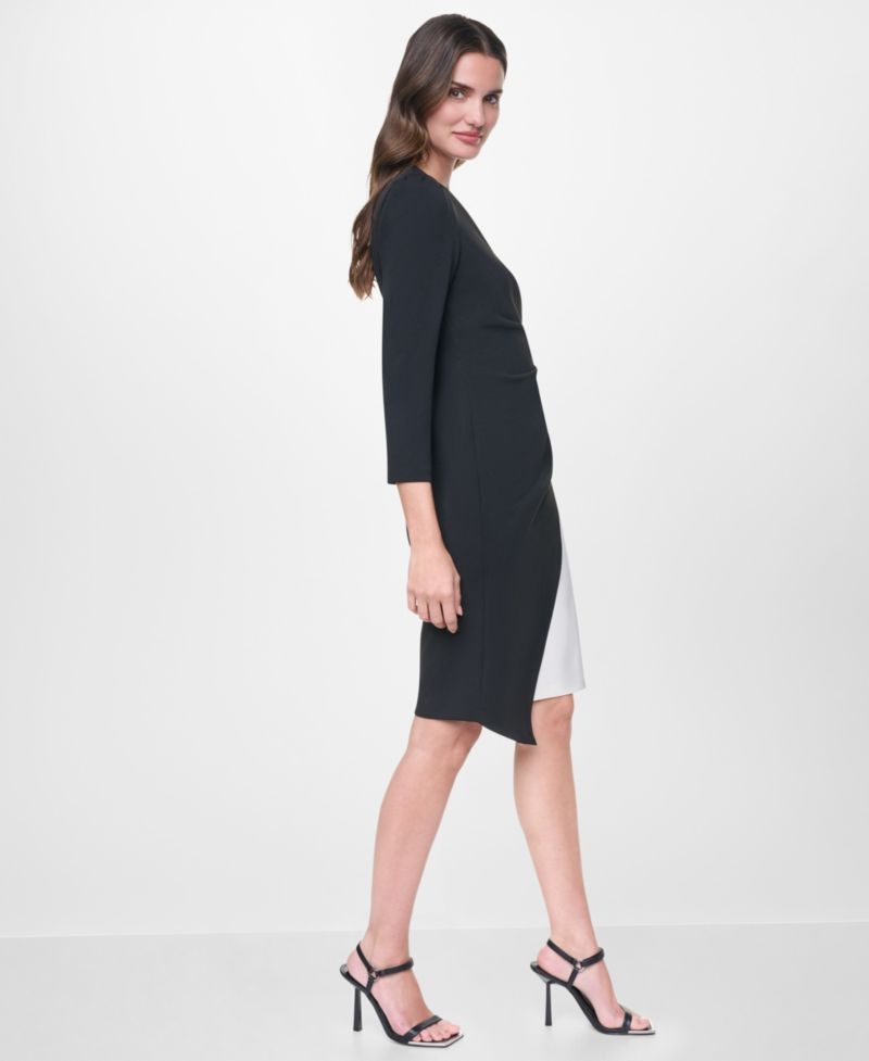 Women's Long Sleeve V-Neck Side Ruched Colorblock Dress