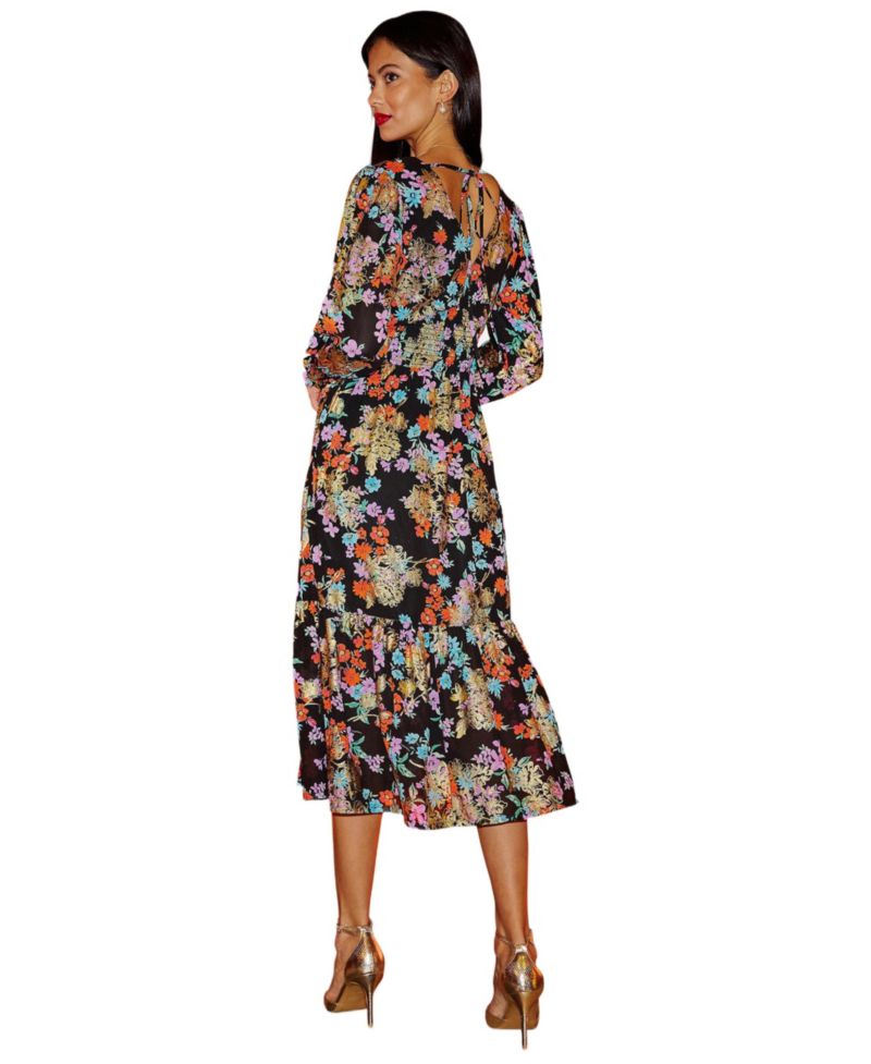 Women's Floral And Foil Ruched Midi Dress
