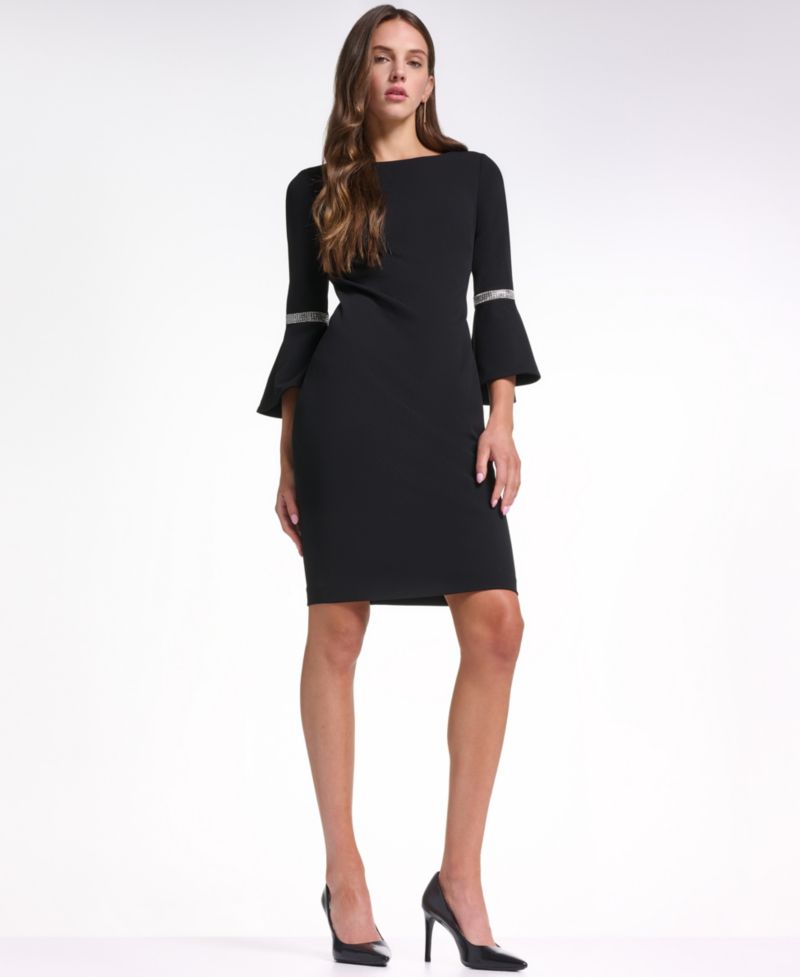 Women's Boat-Neck Bell Sleeve with Rhinestone Trim Sheath Dress
