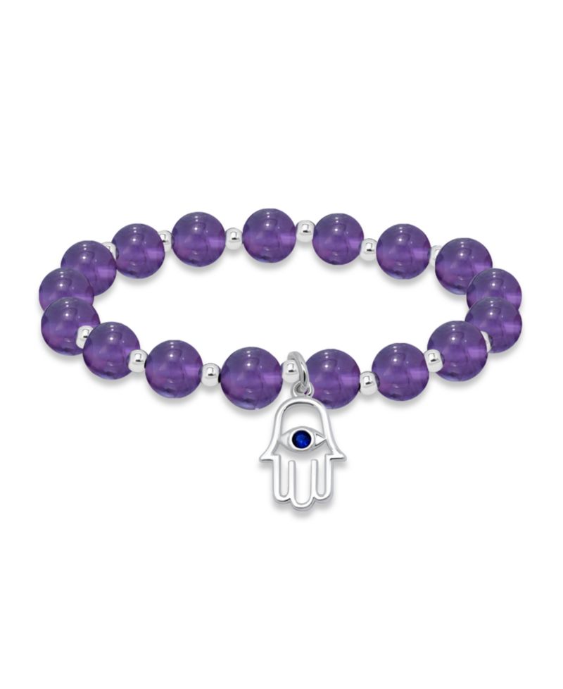 Silver-Plated Beaded Hamsa Hand Charm Stretch Bracelet